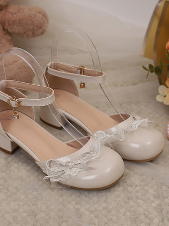 スイートロリータフットウェア ピンクカラーブロックリボンフリルレースラウンドトゥロリータパンプス