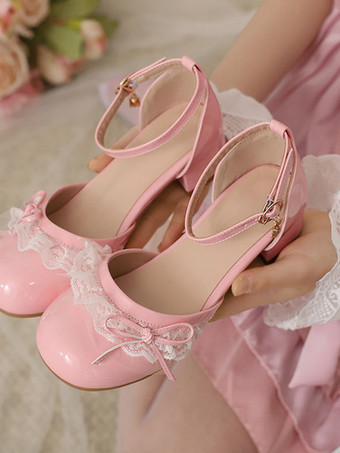 ピンクスイートロリータフットウェア ピンクカラーブロックリボンフリルレースラウンドトゥロリータパンプス