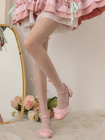 スイートロリータフットウェア ピンクカラーブロックリボンフリルレースラウンドトゥロリータパンプス