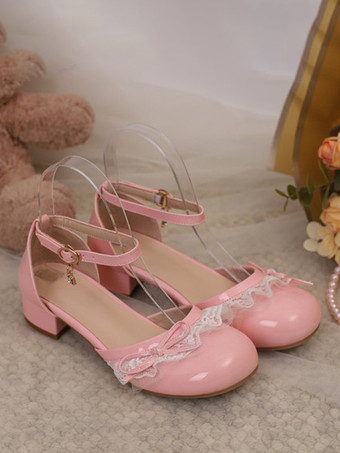 スイートロリータフットウェア ピンクカラーブロックリボンフリルレースラウンドトゥロリータパンプス