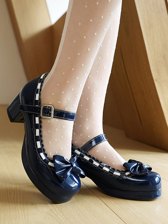 ディープブルーミッドブロックヒールのメリージェーンゴシックスウィートロリータフットウェア、レッドカラーブロックのリボン、フリル、ラウンドトゥのロリータシューズ