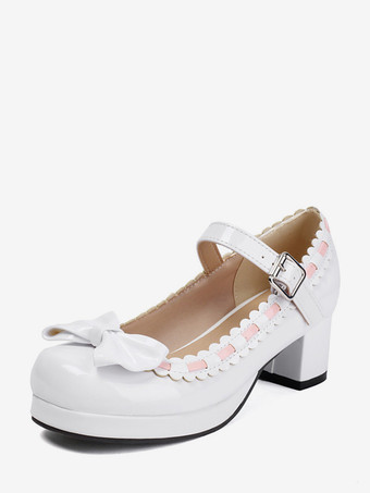 ホワイト ミッドブロックヒールのメリージェーンゴシックスウィートロリータフットウェア、レッドカラーブロックのリボン、フリル、ラウンドトゥのロリータシューズ