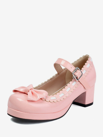 ピンクミッドブロックヒールのメリージェーンゴシックスウィートロリータフットウェア、レッドカラーブロックのリボン、フリル、ラウンドトゥのロリータシューズ