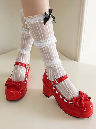 レッド ミッドブロックヒールのメリージェーンゴシックスウィートロリータフットウェア、レッドカラーブロックのリボン、フリル、ラウンドトゥのロリータシューズ