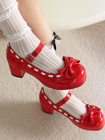 ミッドブロックヒールのメリージェーンゴシックスウィートロリータフットウェア、レッドカラーブロックのリボン、フリル、ラウンドトゥのロリータシューズ