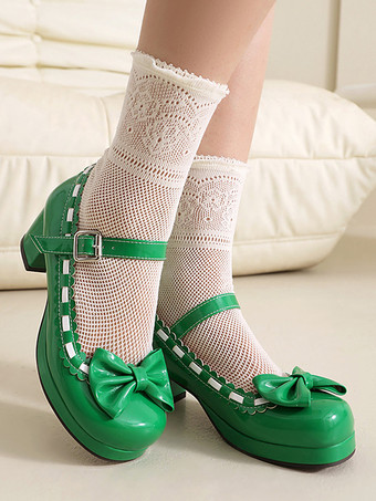 グリーン ミッドブロックヒールのメリージェーンゴシックスウィートロリータフットウェア、レッドカラーブロックのリボン、フリル、ラウンドトゥのロリータシューズ