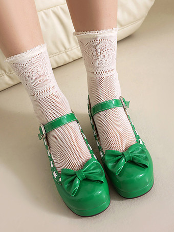 ミッドブロックヒールのメリージェーンゴシックスウィートロリータフットウェア、レッドカラーブロックのリボン、フリル、ラウンドトゥのロリータシューズ