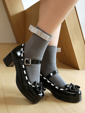 ブラック ミッドブロックヒールのメリージェーンゴシックスウィートロリータフットウェア、レッドカラーブロックのリボン、フリル、ラウンドトゥのロリータシューズ