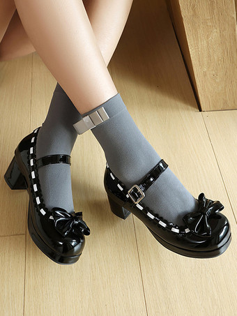 ミッドブロックヒールのメリージェーンゴシックスウィートロリータフットウェア、レッドカラーブロックのリボン、フリル、ラウンドトゥのロリータシューズ