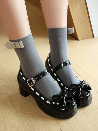 ミッドブロックヒールのメリージェーンゴシックスウィートロリータフットウェア、レッドカラーブロックのリボン、フリル、ラウンドトゥのロリータシューズ