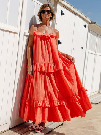 オレンジ2025年夏のビーチにぴったりのフリルレイヤードマキシスリップドレス