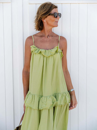 ライトグリーン 2025年夏のビーチにぴったりのフリルレイヤードマキシスリップドレス