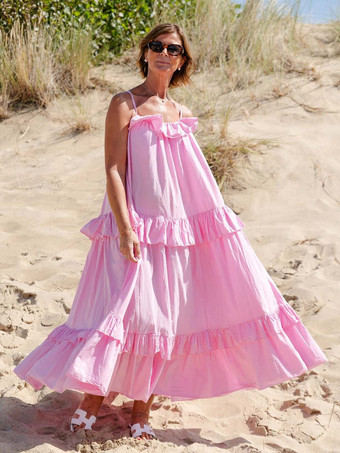 ピンク2025年夏のビーチにぴったりのフリルレイヤードマキシスリップドレス