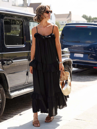 ブラック 2025年夏のビーチにぴったりのフリルレイヤードマキシスリップドレス