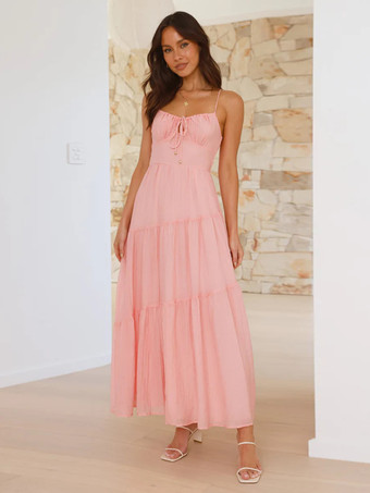 バターイエローのフロントタイレイヤードマキシスリップドレス（フリル付き）2025