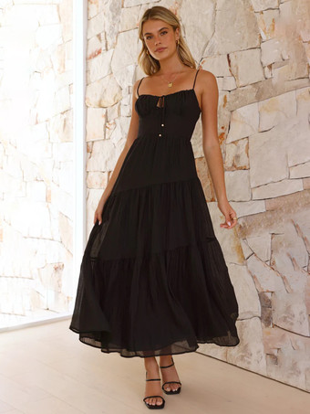 ブラック バターイエローのフロントタイレイヤードマキシスリップドレス（フリル付き）2025