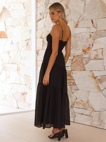 バターイエローのフロントタイレイヤードマキシスリップドレス（フリル付き）2025