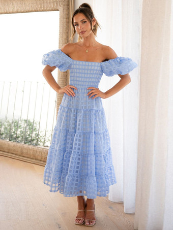 ライトスカイブルーバターイエローのチェック柄オフショルダーフリルミディドレス（半袖、背中シャーリング）2025