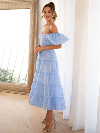 バターイエローのチェック柄オフショルダーフリルミディドレス（半袖、背中シャーリング）2025