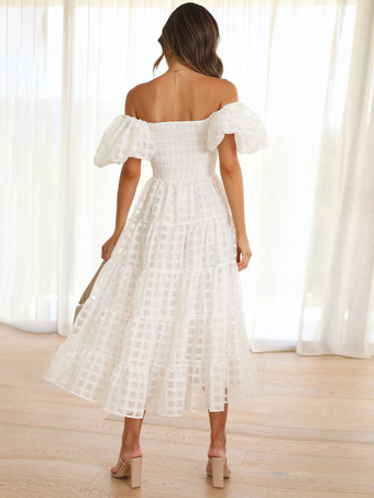 バターイエローのチェック柄オフショルダーフリルミディドレス（半袖、背中シャーリング）2025