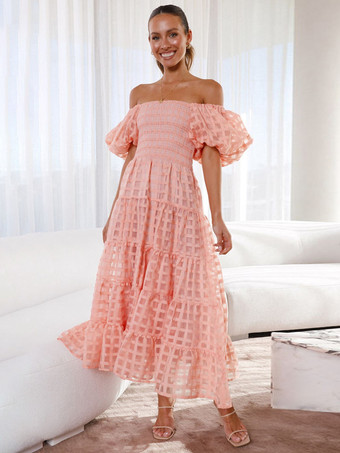 ピンクバターイエローのチェック柄オフショルダーフリルミディドレス（半袖、背中シャーリング）2025