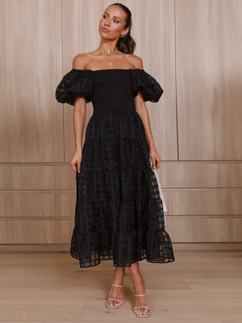 ブラック バターイエローのチェック柄オフショルダーフリルミディドレス（半袖、背中シャーリング）2025