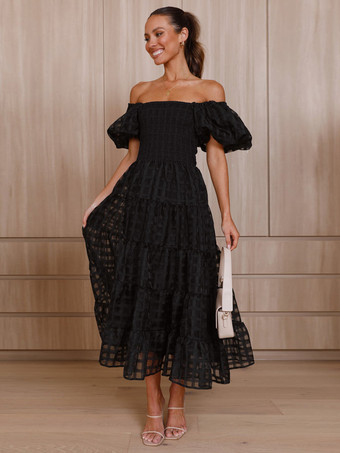 バターイエローのチェック柄オフショルダーフリルミディドレス（半袖、背中シャーリング）2025