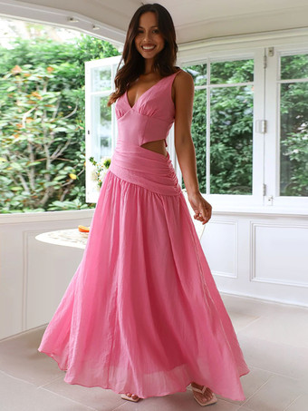 ローズレッドドロップウエスト ノースリーブ Vネック マキシドレス カットアウト 2025