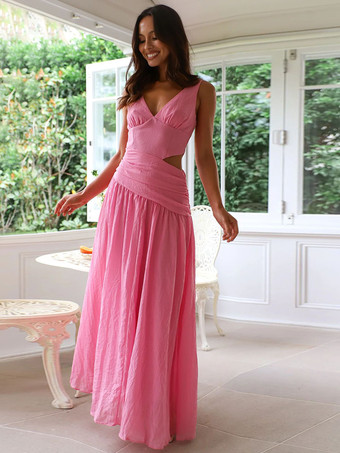 ドロップウエスト ノースリーブ Vネック マキシドレス カットアウト 2025