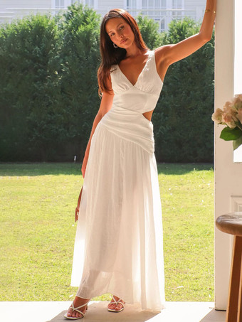 ホワイト ドロップウエスト ノースリーブ Vネック マキシドレス カットアウト 2025