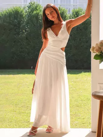 Cut Out Sleeveless Maxi Dress for Women - Boho V Neck Ruched Waist Backless Flowy A Line Sun Dress - Summer Wedding Guest 2026 Cut Out Sleeveless Maxi Dress for Women - Boho V Neck Ruched Waist Backless Flowy A Line Sun Dress - Summer Wedding Guest 2026