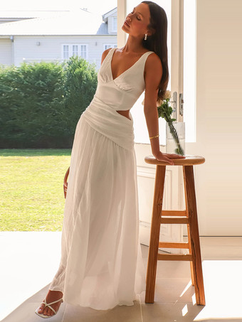 ドロップウエスト ノースリーブ Vネック マキシドレス カットアウト 2025