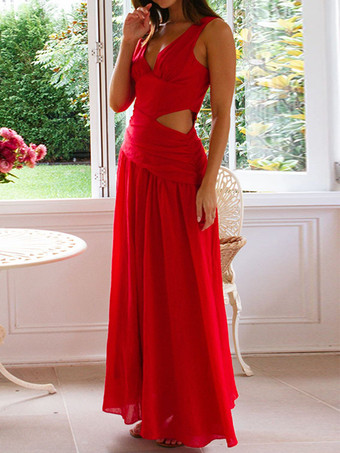 ドロップウエスト ノースリーブ Vネック マキシドレス カットアウト 2025