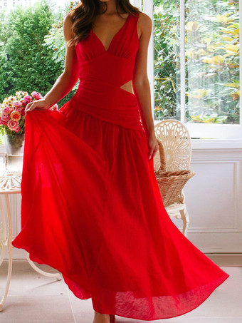 ドロップウエスト ノースリーブ Vネック マキシドレス カットアウト 2025