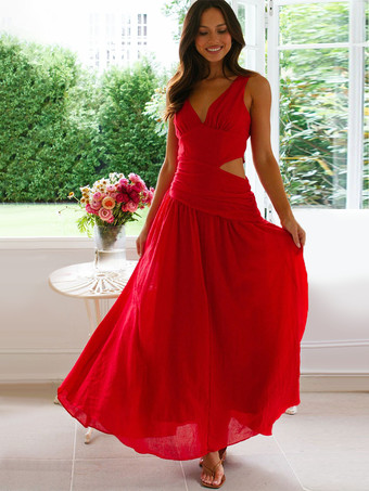 レッド ドロップウエスト ノースリーブ Vネック マキシドレス カットアウト 2025