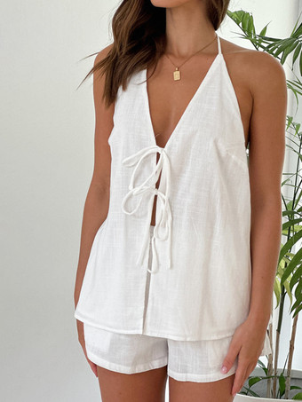 2025年夏向け、フロントタイオープンバックベストとショート丈の2ピースコーデセット