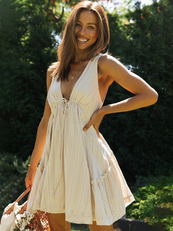 アプリコット2025年夏向けノースリーブVネックタイフロントミニドレス