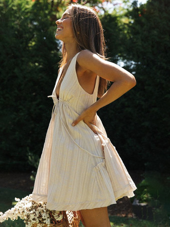 2025年夏向けノースリーブVネックタイフロントミニドレス