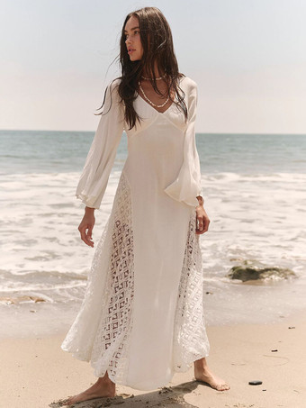 アプリコット2026年ビーチ用レース付き長袖Vネックマキシボヘミアンドレス