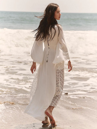 2026年ビーチ用レース付き長袖Vネックマキシボヘミアンドレス