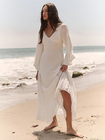 2026年ビーチ用レース付き長袖Vネックマキシボヘミアンドレス