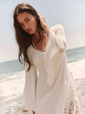 2026年ビーチ用レース付き長袖Vネックマキシボヘミアンドレス