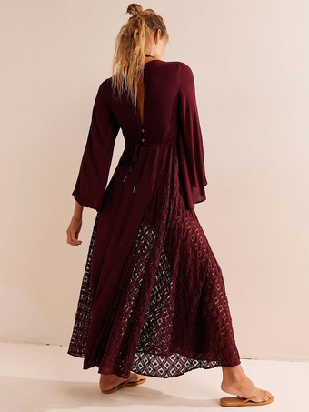 2026年ビーチ用レース付き長袖Vネックマキシボヘミアンドレス