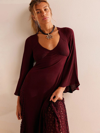 2026年ビーチ用レース付き長袖Vネックマキシボヘミアンドレス