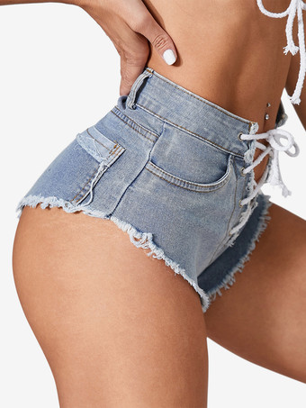 レースアップフロントのデニムハイウエストショートパンツ 2025