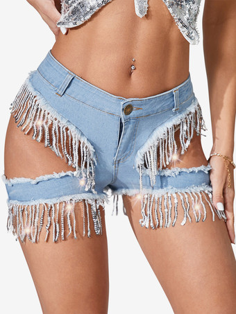 ブルー カットアウトデザインのフリンジ付きデニムショートパンツ 2025