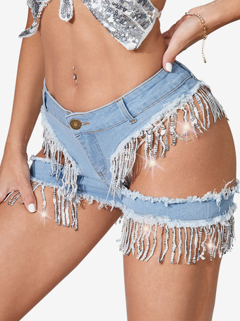 カットアウトデザインのフリンジ付きデニムショートパンツ 2025