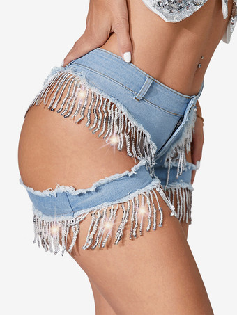カットアウトデザインのフリンジ付きデニムショートパンツ 2025