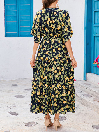 2025年夏向け、レモンプリントVネックマキシドレス（バットウィングスリーブ）