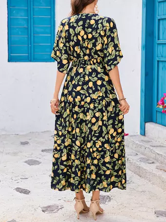 Lemon Print V-Neck Maxi Dress With Batwing Sleeves For Summer 2026 Lemon Print V-Neck Maxi Dress With Batwing Sleeves For Summer 2026